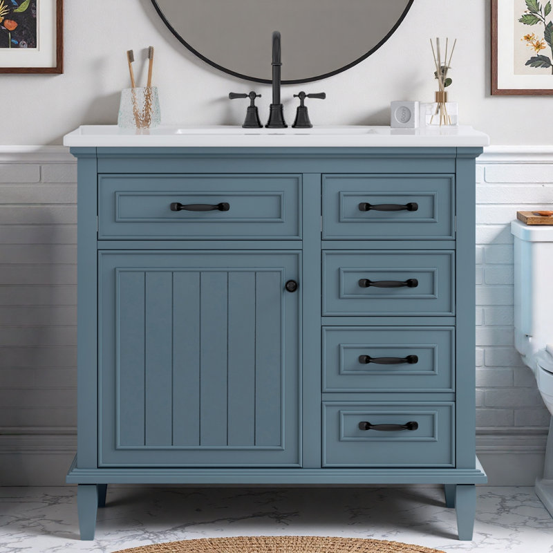 Meuble-lavabo de salle de bain avec lavabo en céramique, armoire, tiroirs, tablette réglable et poignées en alliage de zinc