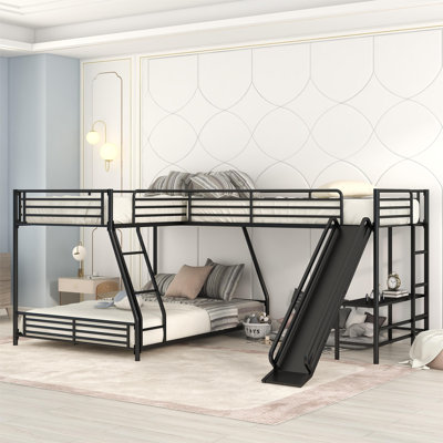 L-Shaped Twin over Full Bunk Bed with Loft, Built-in Desk & Slide, Black