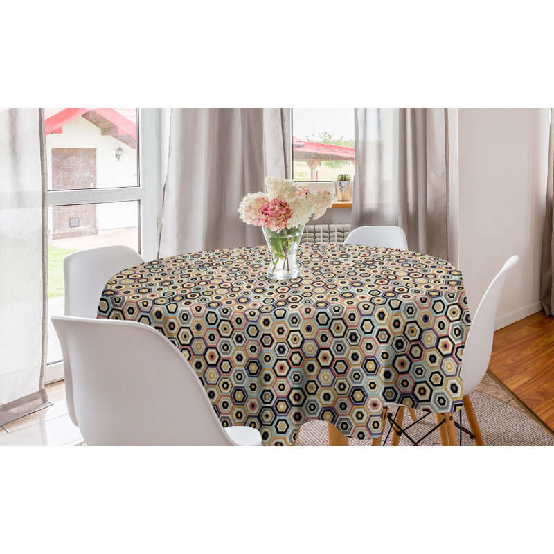 Ambesonne Honeycomb Round Tablecloth, Geometric Composition With Bullseye Hexagon Pattern Honey Beehive Design Geometry, Circle Table Cloth Cover For Dining Room Kitchen Decoration, 60", Beige Blue