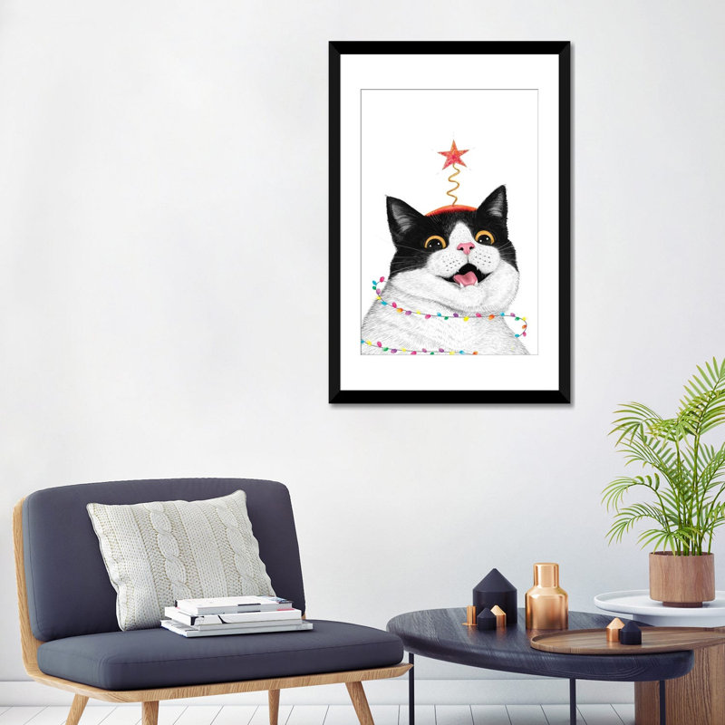 Chat de Noël - reproduction d'art murale - papier d'art encadré, H 32 po x l 24 po, Noir