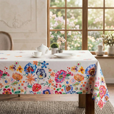 Nappe 100% coton rectangulaire 60 po x 108 po, housse de table décorative réutilisable pour la salle à manger, la cuisine et la maison de campagne, idéale pour les fêtes de Pâques, le printemps et l'été - Happy Florals High Summer