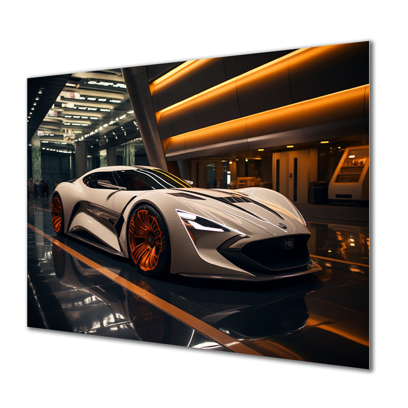 Vitrine de voiture de sport exotique orange et beige - Art mural métallique exotique de voiture, H 34 po x l 44 po x P 1,5 po