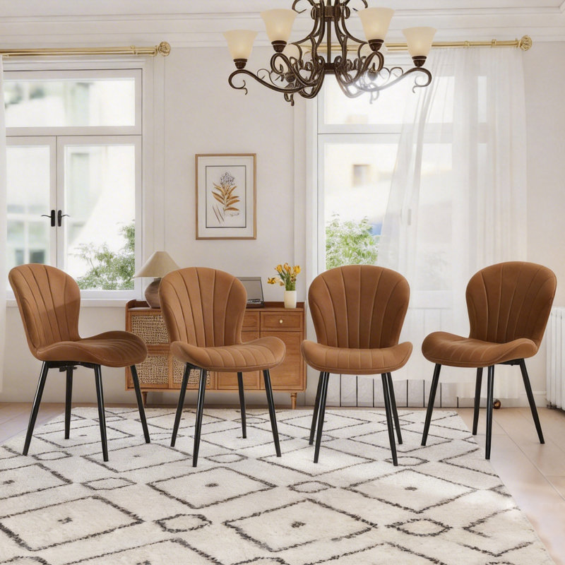 Set Of 4 Comfort Upholstered Leather Dining Chairs, Brown