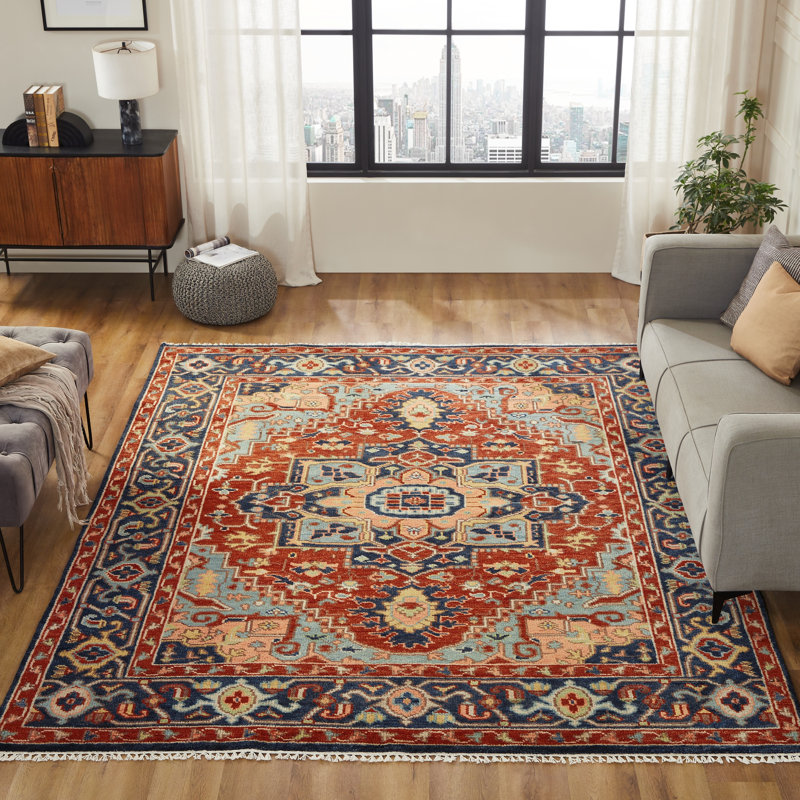 Serapi Heritage Hand-Knotted Wool Medallion Area Rug in Navy, Rectangle 10' x 14', Red/Navy
