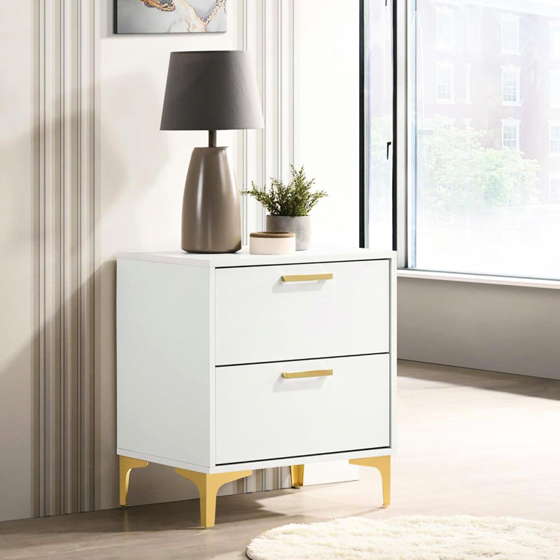 White And Gold 2-Drawer Rectangular Nightstand