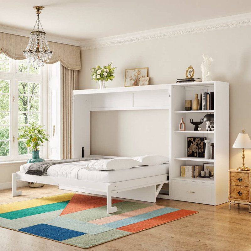 Grand lit escamotable avec compartiments de rangement, cadre de lit mural, lit plateforme pliable avec tiroir et tablettes