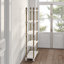Elodie White Wood Distressed Open 5 Shelf Shelving Unit with Brown Spindle Sides and Ball Feet