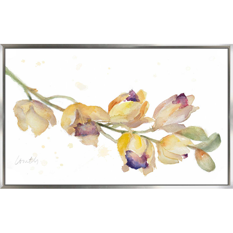 «Orchid Bud Branch», reproduction de peinture à l'aquarelle, H 27,5 po x l 43,5 po x P 2 po, Cadre flottant argent