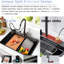 Évier de cuisine à cascade de 33 pouces noir Gunmetal, robinet multifonctionnel, poste de travail avec rebord, condensation et conception escamotable moderne de 33 po, cuve simple, drainage rapide