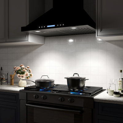30 inch 800 CFM Convertible Wall Mount Range Hood 4 Speed Quiet Stainless Steel Black Remote and Touch Panel Control with LED Lights