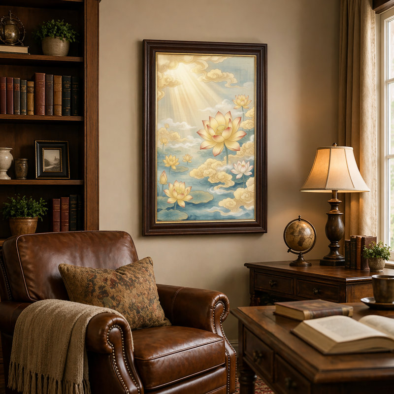 Art mural antique sur toile encadré doré pour le salon, la chambre à coucher, le bureau ou le vestibule - décoration murale décorative avec des nuages de lotus