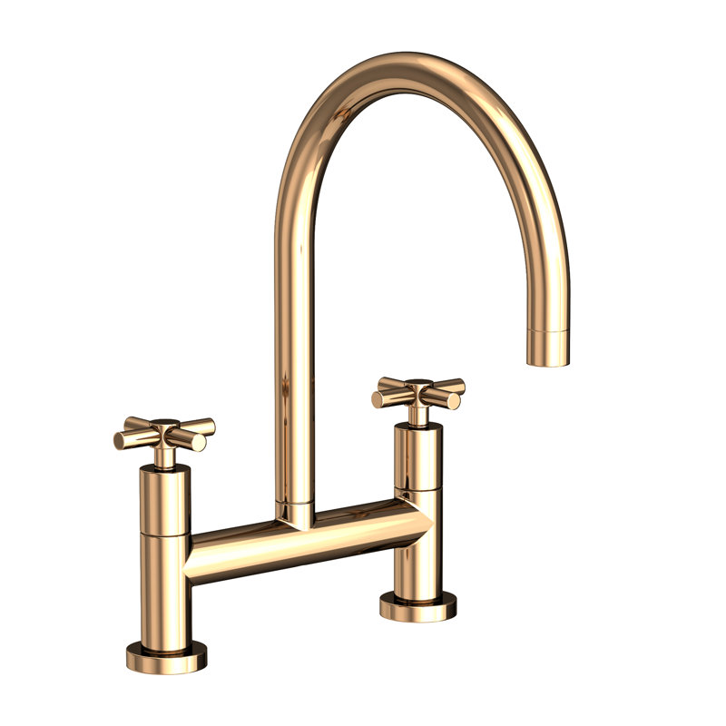 East Linear Kitchen Bridge Faucet, French Gold, Knob/Cross handle