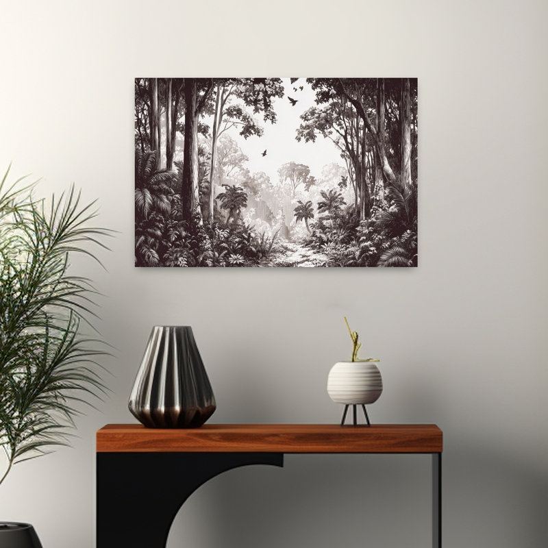 «Serene Jungle Path Serene Abstract Bird Forest Landscape», reproduction d'art murale, 16" H x 24" W