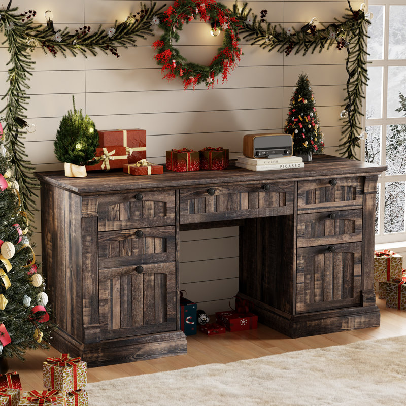 60"Farmhouse Executive Desk With Drawers,Wood Home Office Desk With Storage For Writing, Studying, Working, Dark Rustic Oak