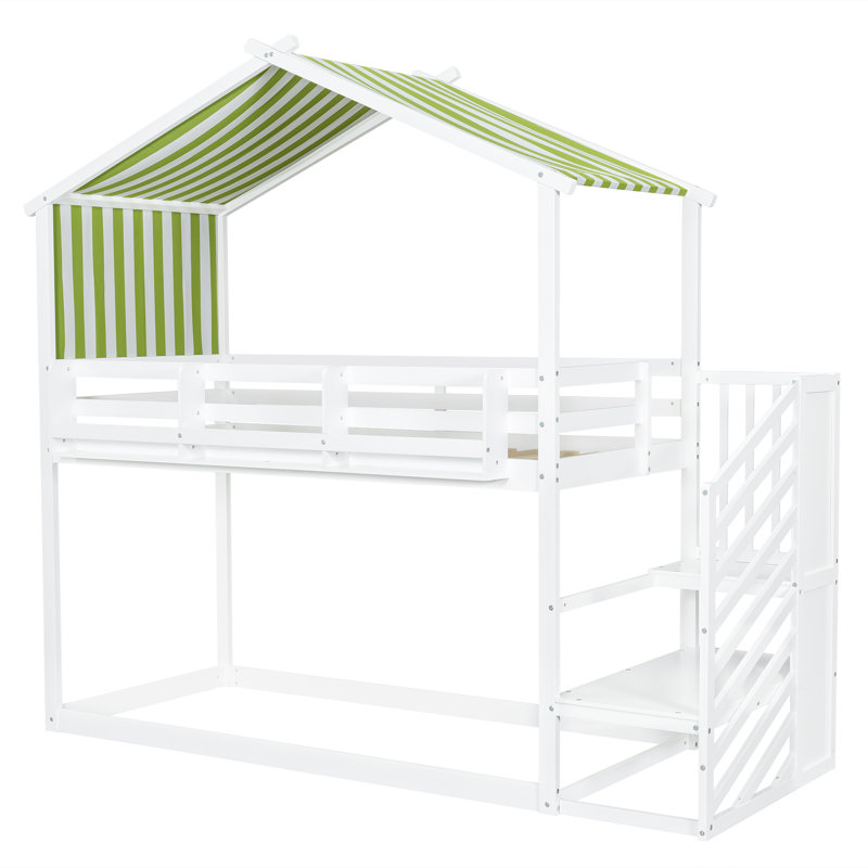 White & Green Canopy Bunk Bed With Bookcase Guardrail - Space-saving Loft Bed For Teens