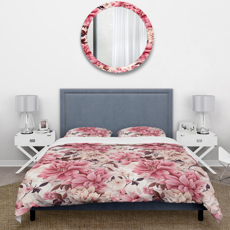 Literie de jardin avec bouquet de pivoines rose tendre, Housse de couette pour grand lit et 2 taies décor