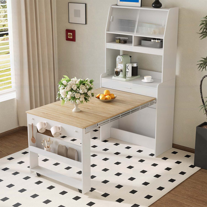 Buffet compact 33,5 x 15,7 x 69 pouces avec huche et table de salle à manger pliable, armoire multifonctionnelle avec tablette de rangement et crochets latéraux pour petits espaces, studio, appartement