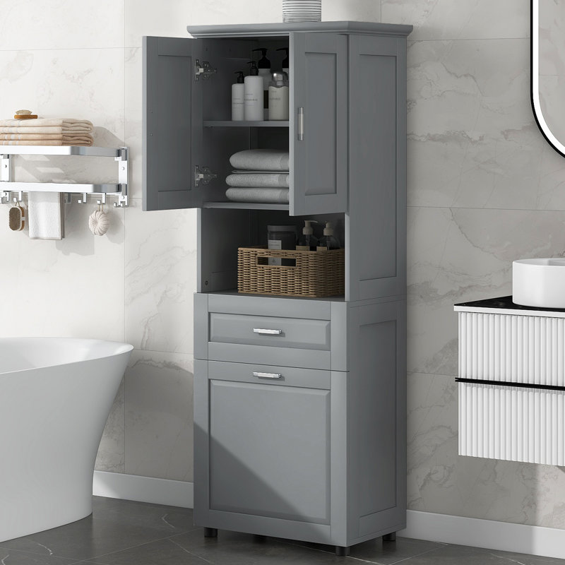 Tall Bathroom Cabinet With Laundry Basket, Large Storage Space Tilt-Out Laundry Hamper And Upper Storage Cabinet, Gray