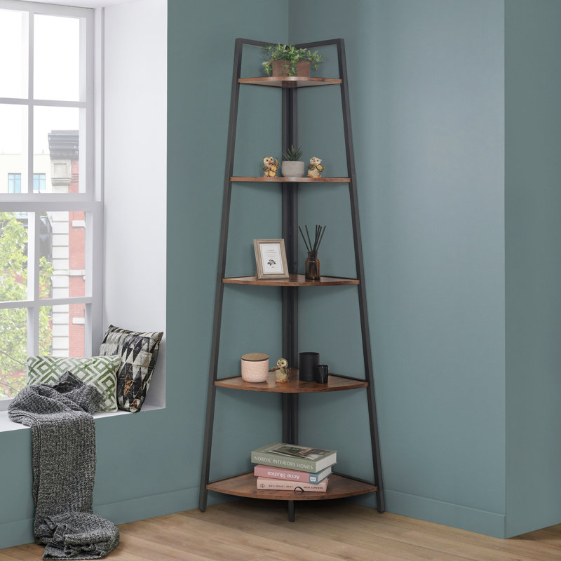 5-Tier Tall Corner Shelf Stand, Ladder Corner Wood Storage Plant Bookshelf with Metal Frame, Versatile Shelving Unit Bookcase for Home Office Space, Rustic Oak   