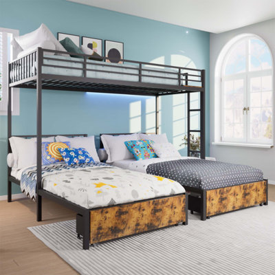 Triple Bunk Bed For Kids, Metal Frame, Separates Into 3 Beds, Noise-Reduced Structure, Ideal For Multi-Child Families