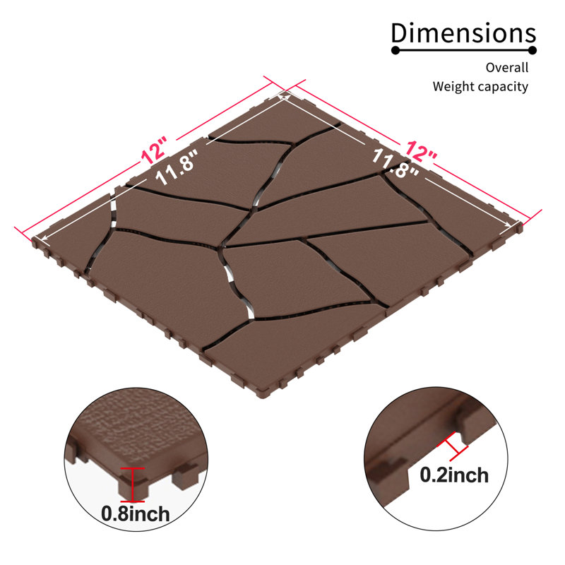 Brown Faux Stone Pattern Interlocking Outdoor Deck Tiles, 12" x 12"