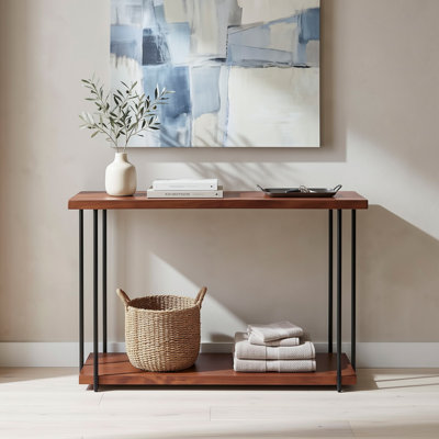 Quiet Cue Console Table with Wood Top and Metal Base - Black Walnut Matte Finish, Handcrafted Accent Table