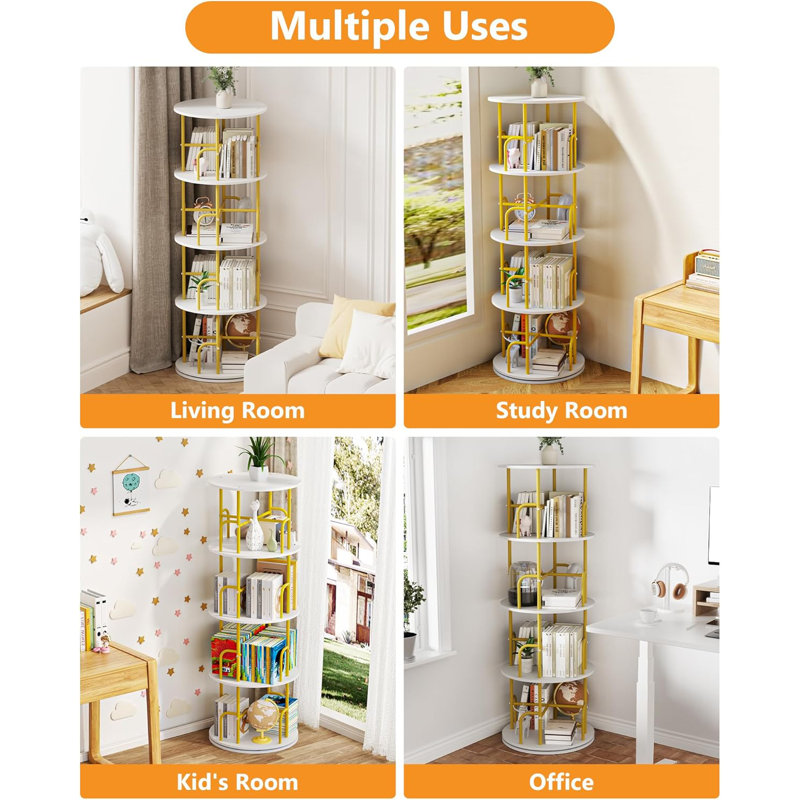 5-Tier Rotating Bookshelf, 360° Spinning Bookcase Tower, Space-Saving Stackable Storage Organizer For Home Office, Kids Room, And Small Spaces