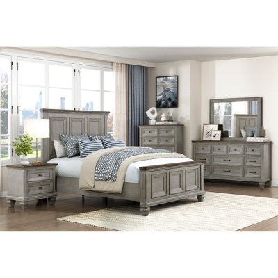 Queen - Size Bed Featuring Brown And Antique Gray 2 Tone Finish, Made Of Wood, With Headboard, Rails, Box Spring Required, 63" High, 65" Wide In Brown Gray Comes Necessary, X 88.5" Dimensions