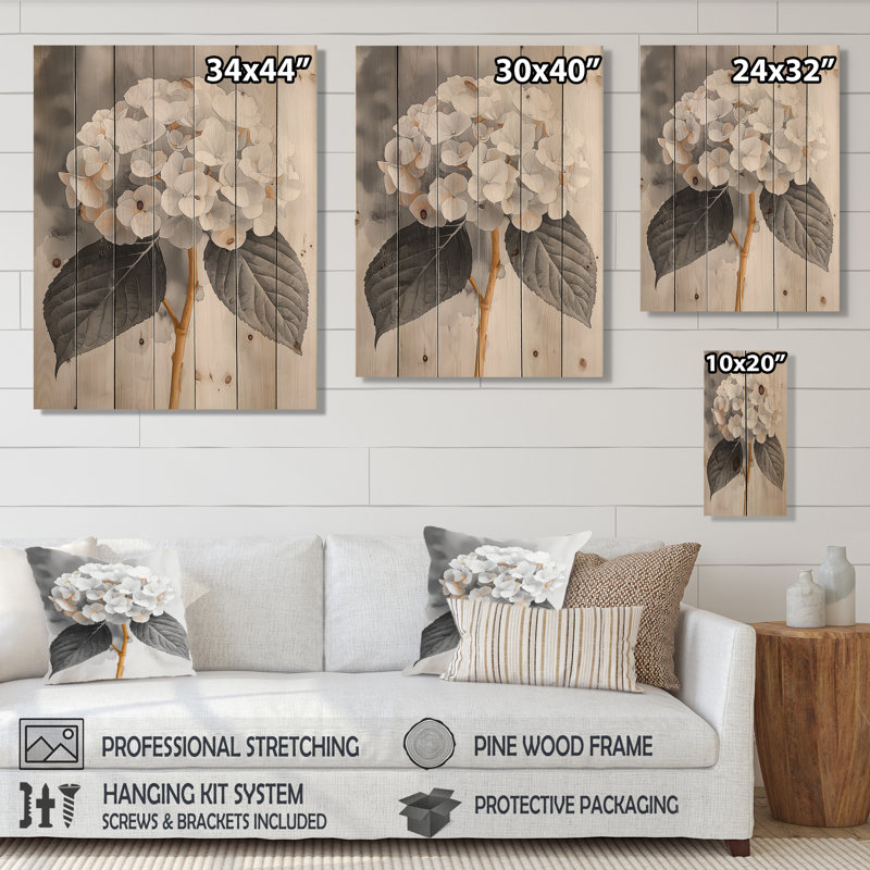 Monochrome Hydrangea With A Winter Stem I - Hydrangea Wood Print - On Natural Pine Wood, 20" H x 10" W x 0.78" D