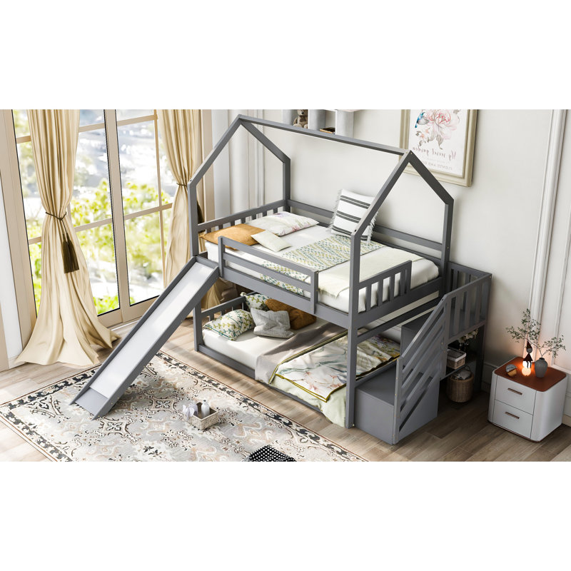 Lit simple superposé simple avec escalier de rangement et glissade convertible, Grey