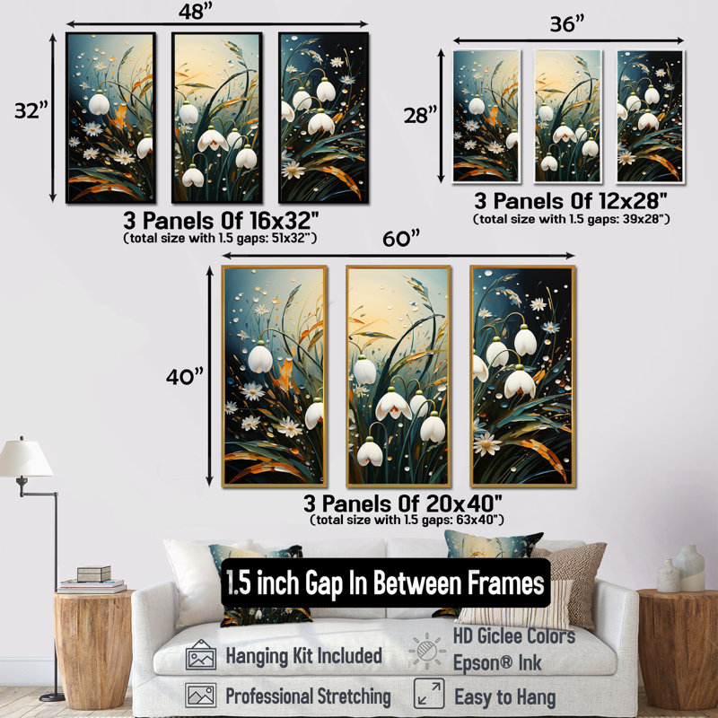 Ensemble de salon de montagne Mountain Snowdrops Charm In Winter - Snowdrops Wall Art, Cadre flottant doré