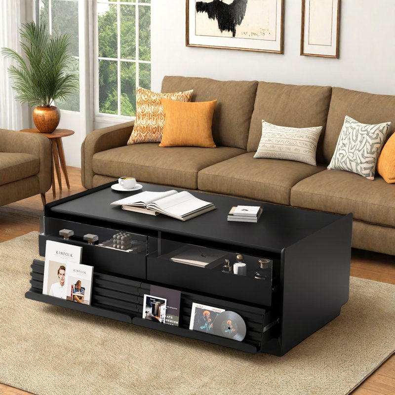 Table basse moderne moderne avec 4 tiroirs et 2 tablettes, Noir