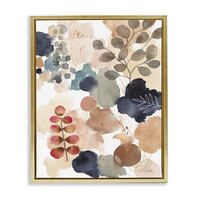 Collage abstrait de forme botanique, Cadre flottant métallique doré, H 21 po x l 17 po