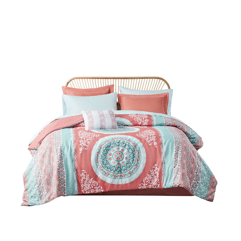 Grand édredon et drap médaillon corail - Motif bohémien pleine grandeur avec draps