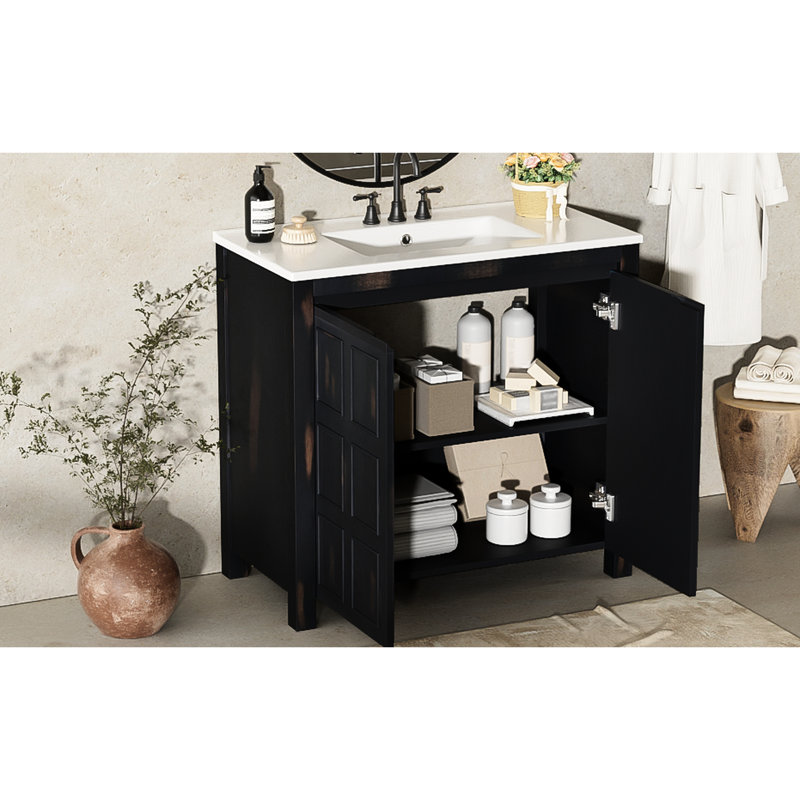 Meuble-lavabo de 36 pouces avec lavabo, conception rétro, fonction en bois massif et fermeture en douceur, organisateur de poignées cachées, armoire rétro en céramique, charnières, dissimulé