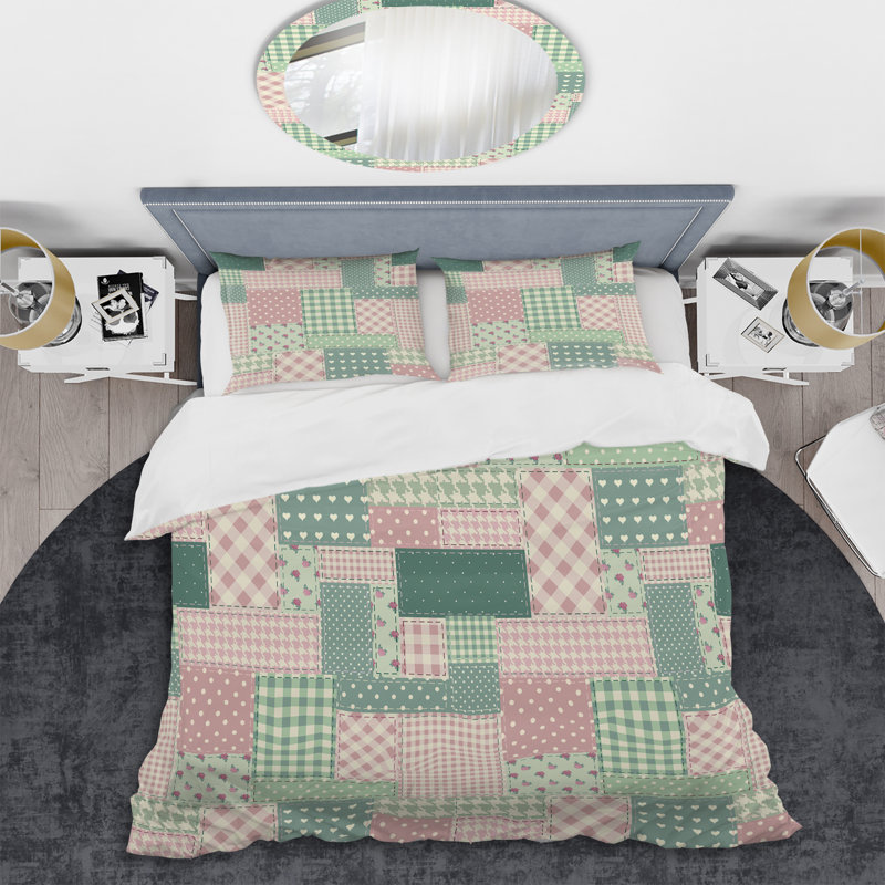 Patchwork vert et crème - ensemble de housse de couette abstrait - microfibre de polyester