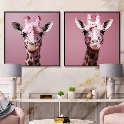 Pink Giraffe Romantic Stance - Animals Giraffe Square Collage Set Of 2