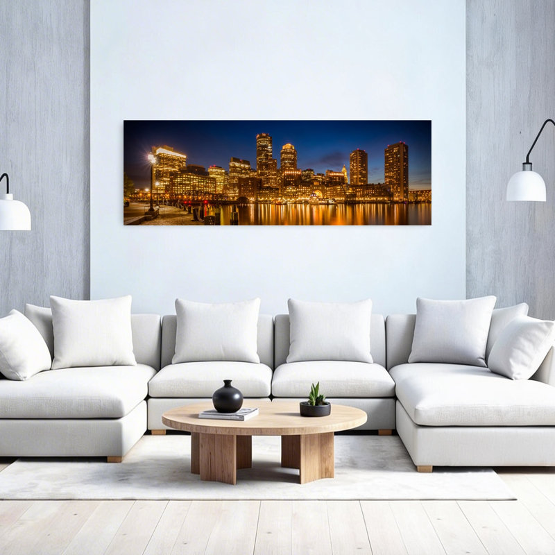 «Boston Night Skyline Serene Tranquil Abstract City Landscape», art mural, H 20 po x l 60 po