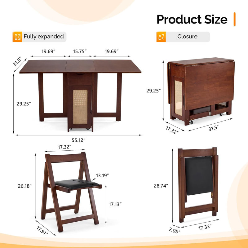 4-Person Walnut Wood Foldable Dining Set