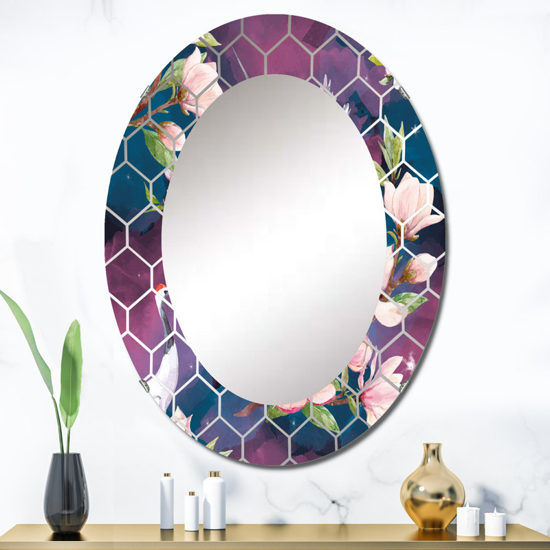 Crane Brds On Blossoming Pink Flowers - Miroir mural traditionnel, 36 po x 24 po