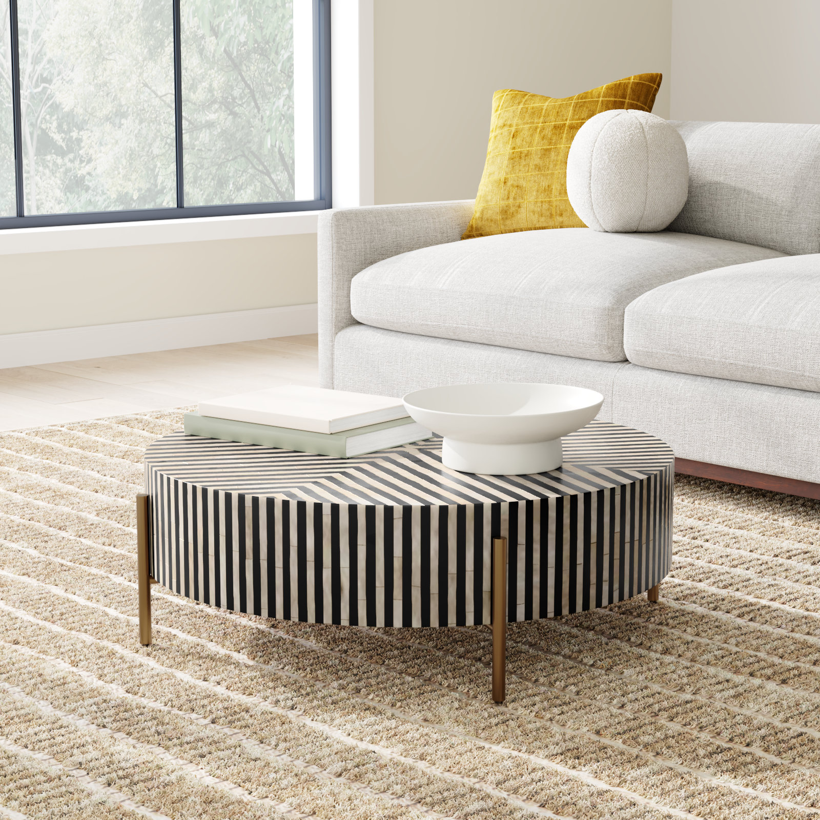 Bron 48" Bone Inlay Coffee Table, 12" H x 36" L x 36" W