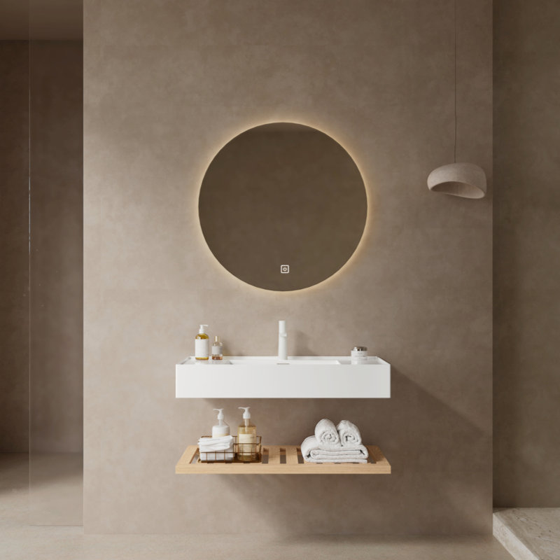 Meuble-lavabo de 36 po avec lavabo vasque, lavabo intégré mural flottant rectangulaire en acrylique blanc sans robinet, étagère rayée