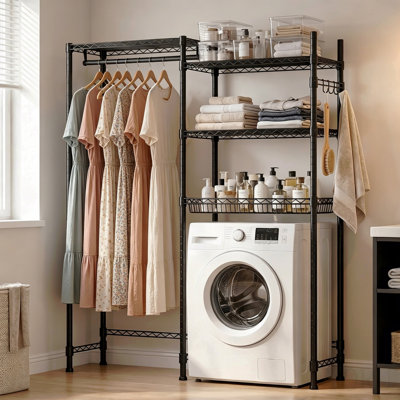 Over Washer And Dryer Shelves,  4 Tier Laundry Room Clothes Drying Rack Wire Basket & Rotating Side Hook, Heavy Duty Laundry Drying Rack, Space Saving And Adjustable Shelves, Black