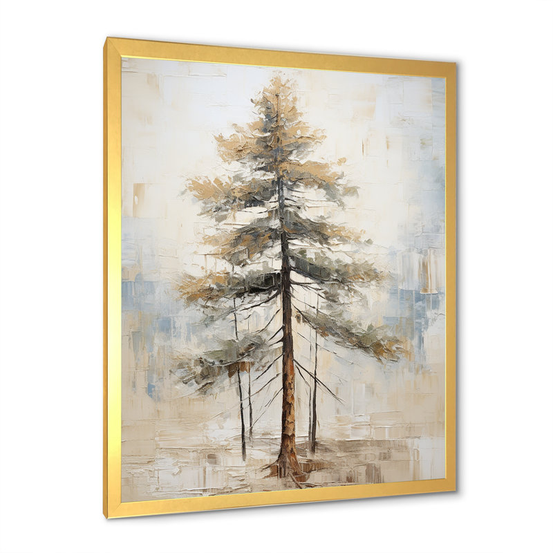 «Beige Tree Pine Zen Scenery I», reproduction d'art sur toile, Cadre doré simple, H 32 po x l 16 po x P 1 po