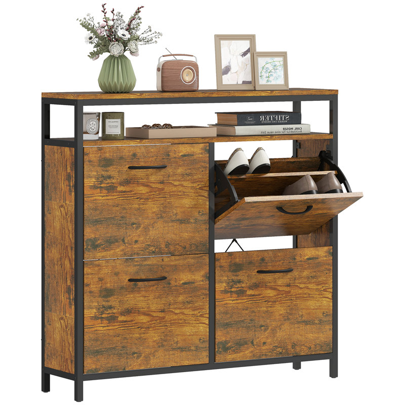 HOMCOM Shoe Cabinet with 4 Flip Drawers, Holds 12-20 Pairs, Rustic Brown
