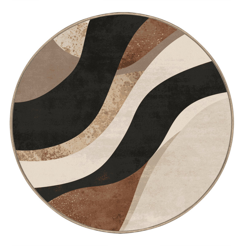 Machine Washable Bemott Art Deco Arc Rug in Beige – Beige Binding, 5' Round