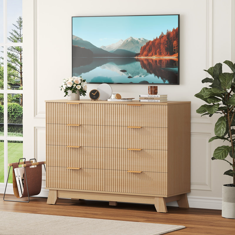 Commode cannelée à 8 tiroirs l 43,3 po, commode moderne, rangement en bois