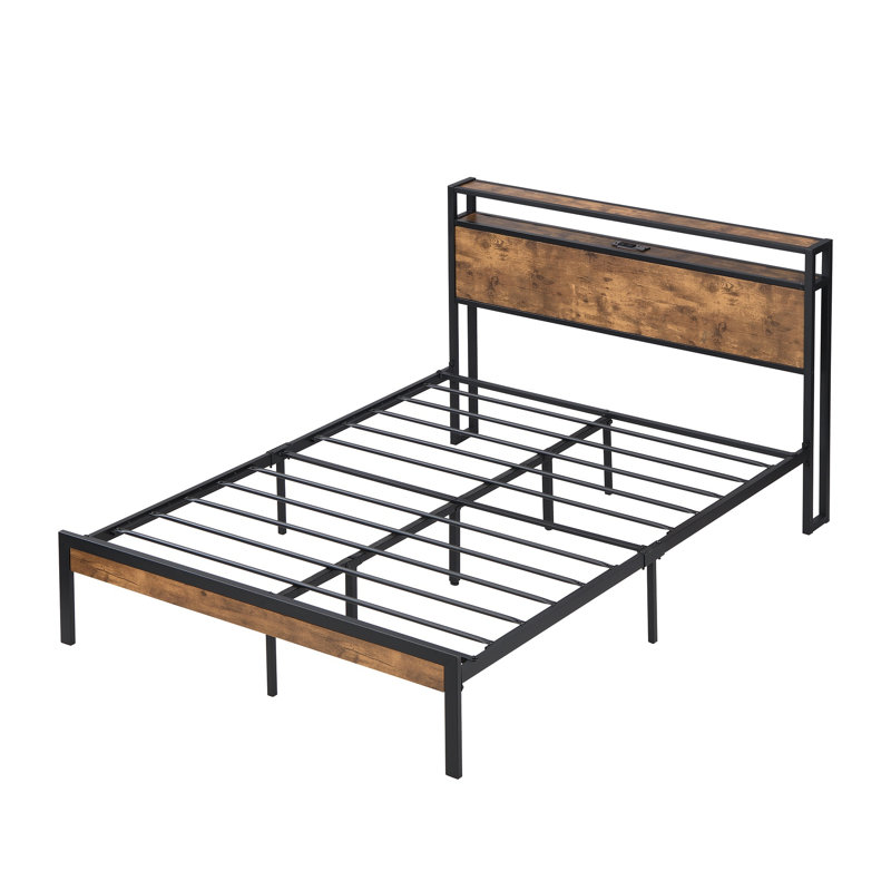 Structure de lit plateforme en métal avec tête et pied de lit en bois, chargeur USB, aucun sommier nécessaire, grand rangement sous le lit, assemblage facile