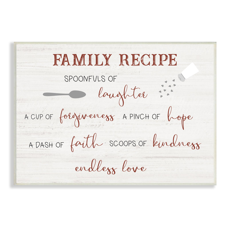 «Family Recipe Happiness Motivation», art textuel sur toile tendue, H 13 po x l 19 po, Plaque en bois