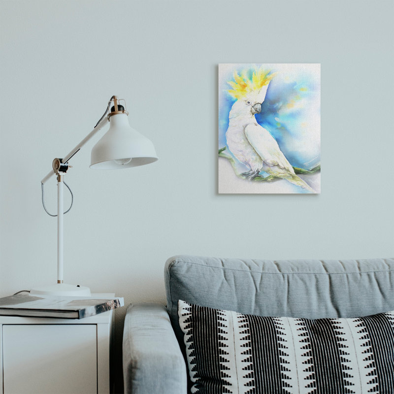 Cacatoès sur une branche sur fond bleu vif, H 20 po x l 16 po, Toile tendue